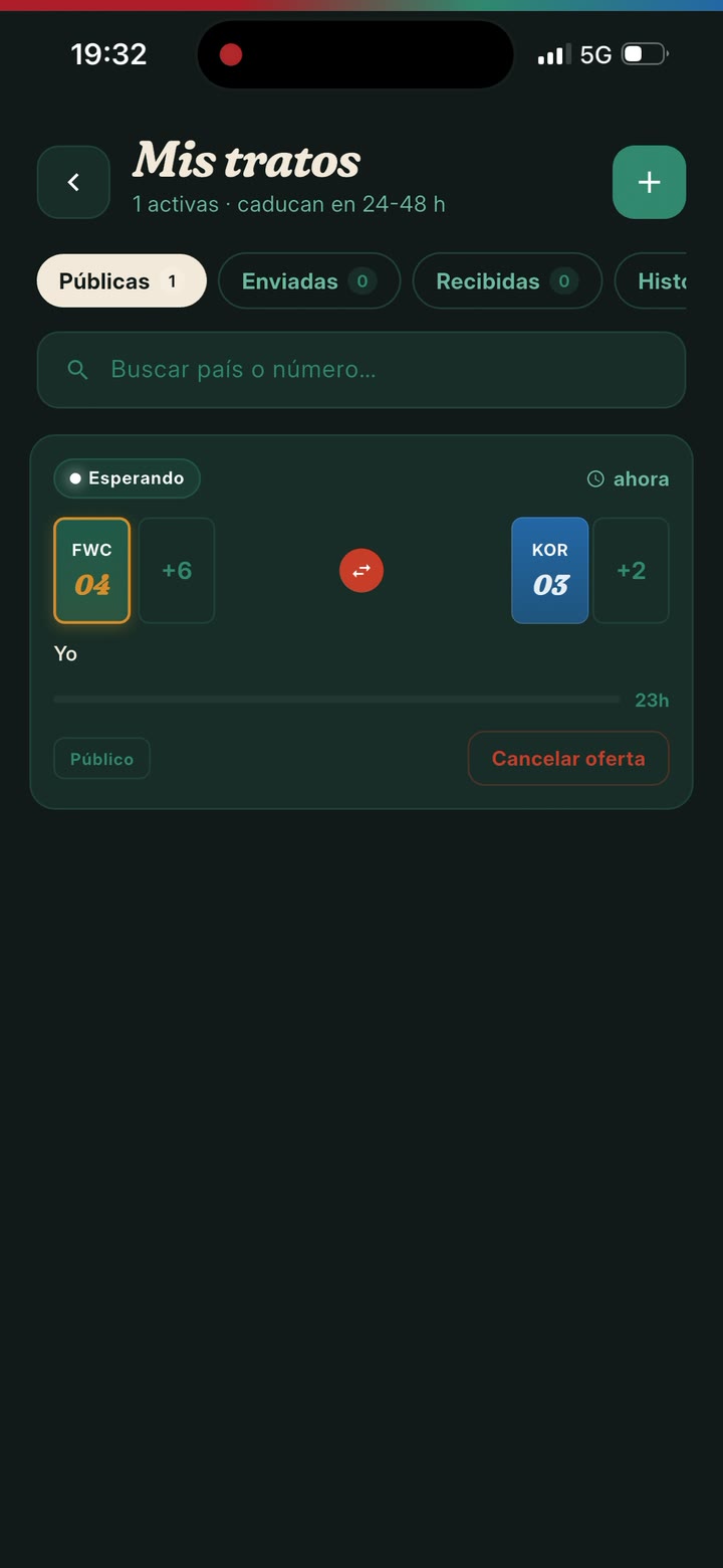 Pantalla de intercambios de Triu Cup con una oferta activa